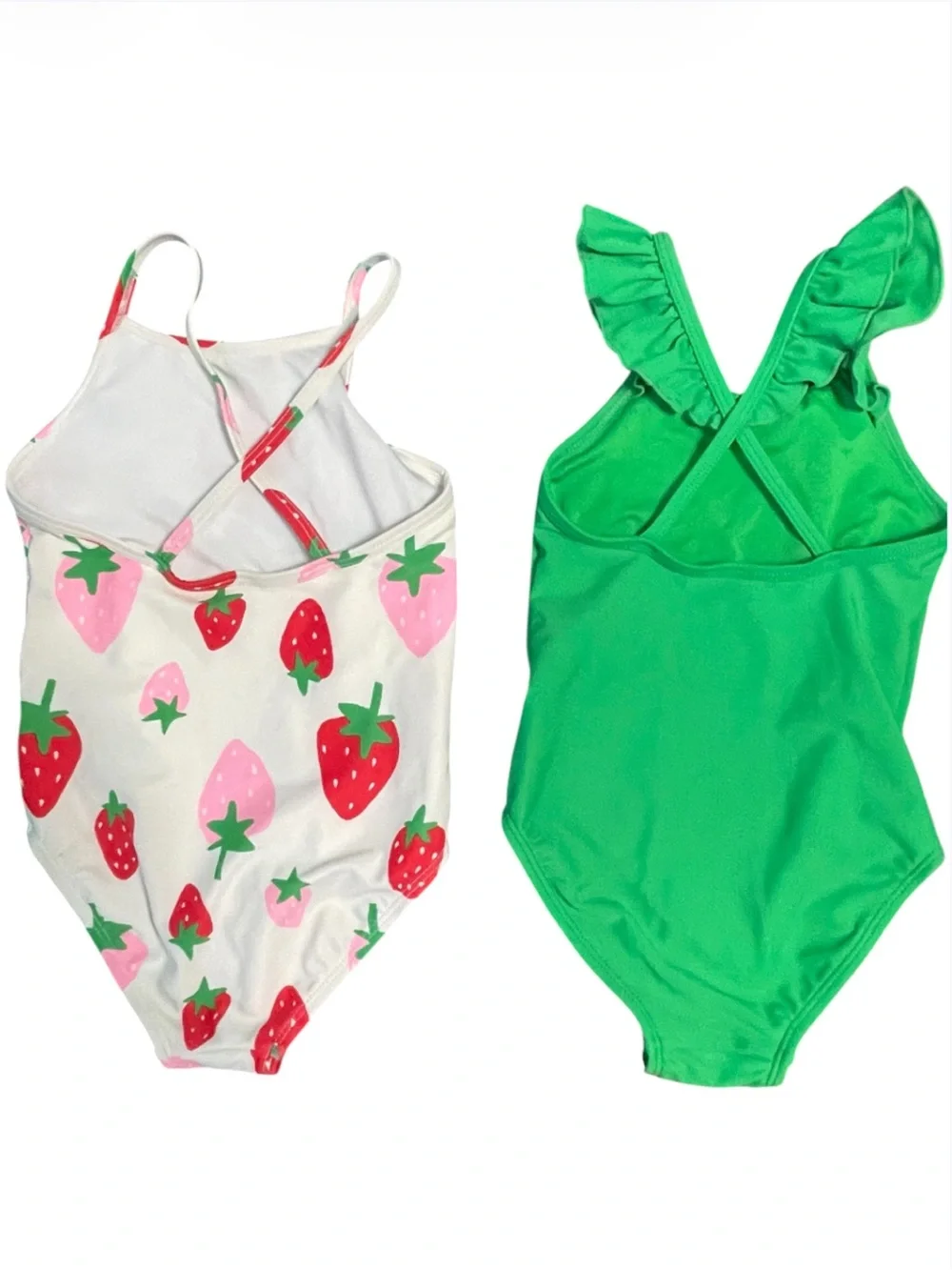 Old Navy Girls Set of 2 Swimsuits Green Ruffle & Strawberry Print One piece Set